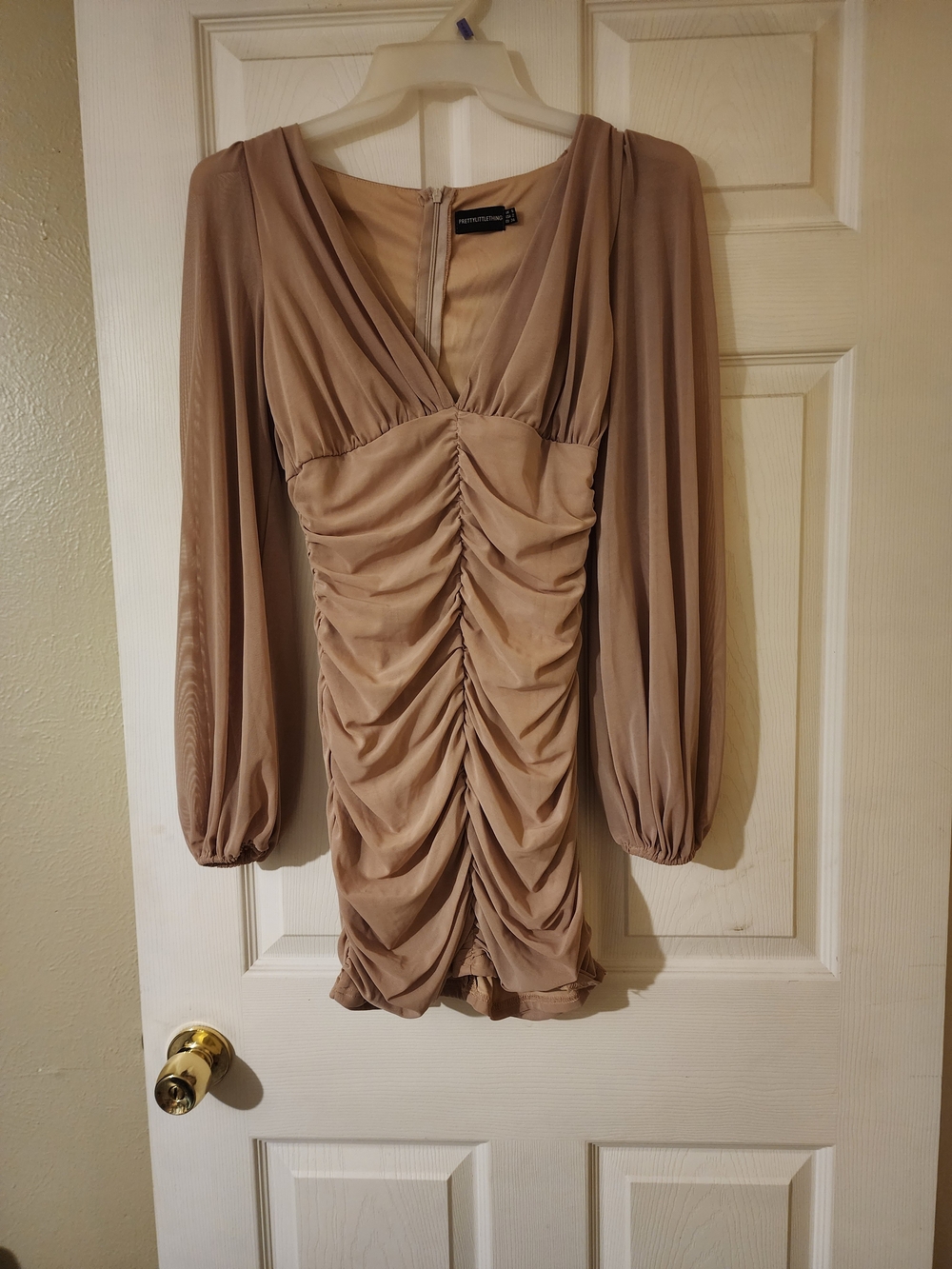 PrettyLittleThing Taupe Ruched Long Sleeve Mini Dress